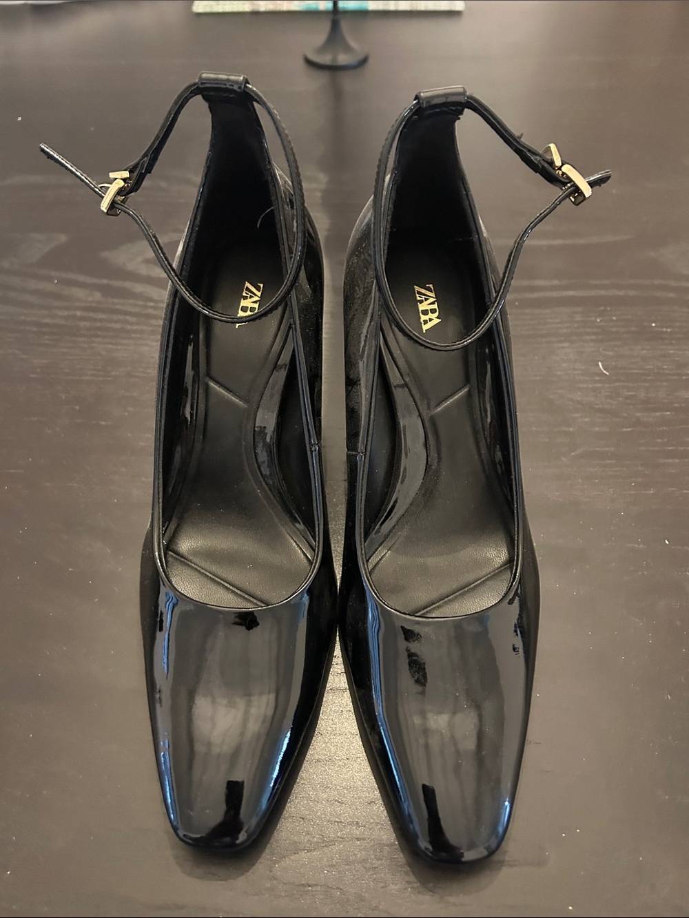 Zara Black Patent Square-Toe Ankle-Strap Heels